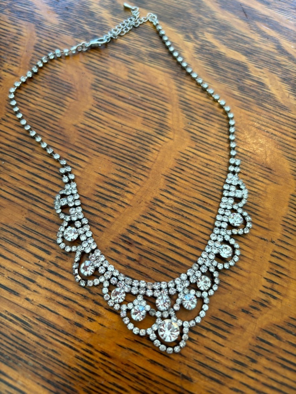 vintage silver-tone bib necklace adorned with clear rhinestones
